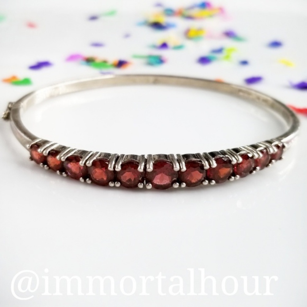 Sterling Silver 925 Garnet Hinged Bangle Bracelet